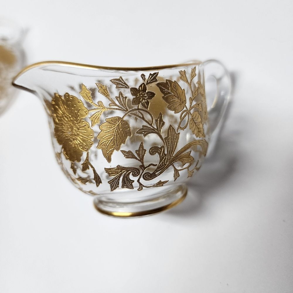 Vintage Cambridge Creamer and Sugar Bowl Set with Gold Etched Wildflower Designs - Picture 5 of 6